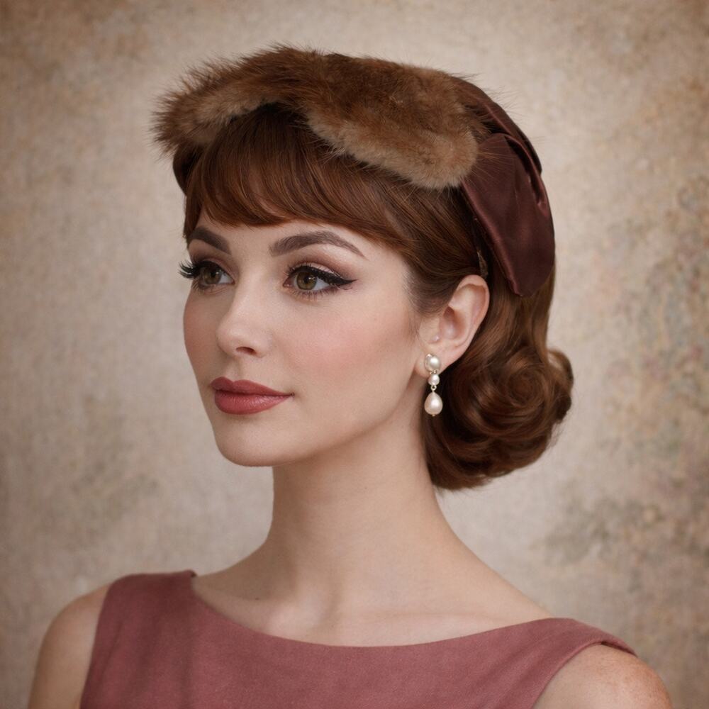 1940s Mink Fur Satin Fascinator Hat Brown Vintage Mob Cap Pinup Retro